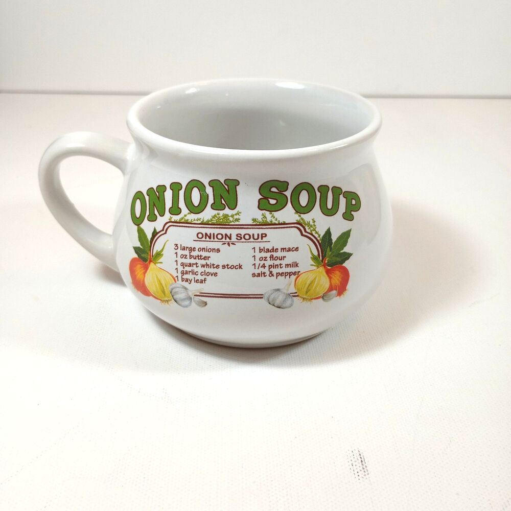 Vintage Onion Soup Recipe Mug Bowl Cup Retro Handle 70s Farmhouse 16 Oz Ceramic